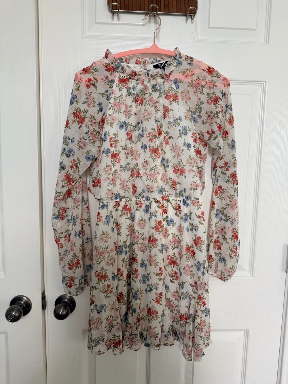 Ladies Floral Ruffle Neck Dress in Cream with Red & Blue Flowers